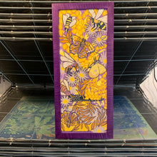 Load image into Gallery viewer, Last One Purple framed Aster and goldenrod woodcut framed in curly maple