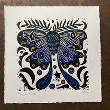 Load image into Gallery viewer, Handpainted blue moth linocut
