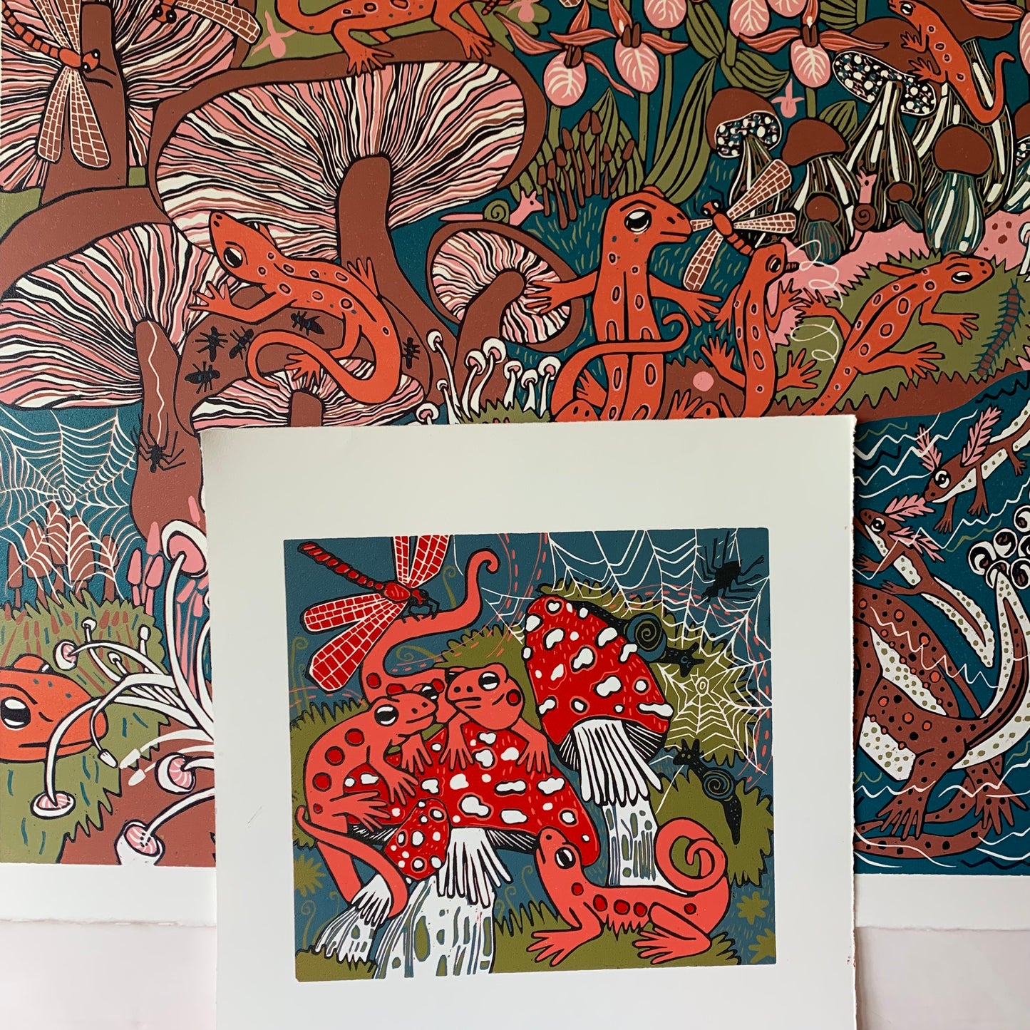 Smaller red eft and mushroom original woodcut