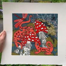 Load image into Gallery viewer, Smaller red eft and mushroom original woodcut