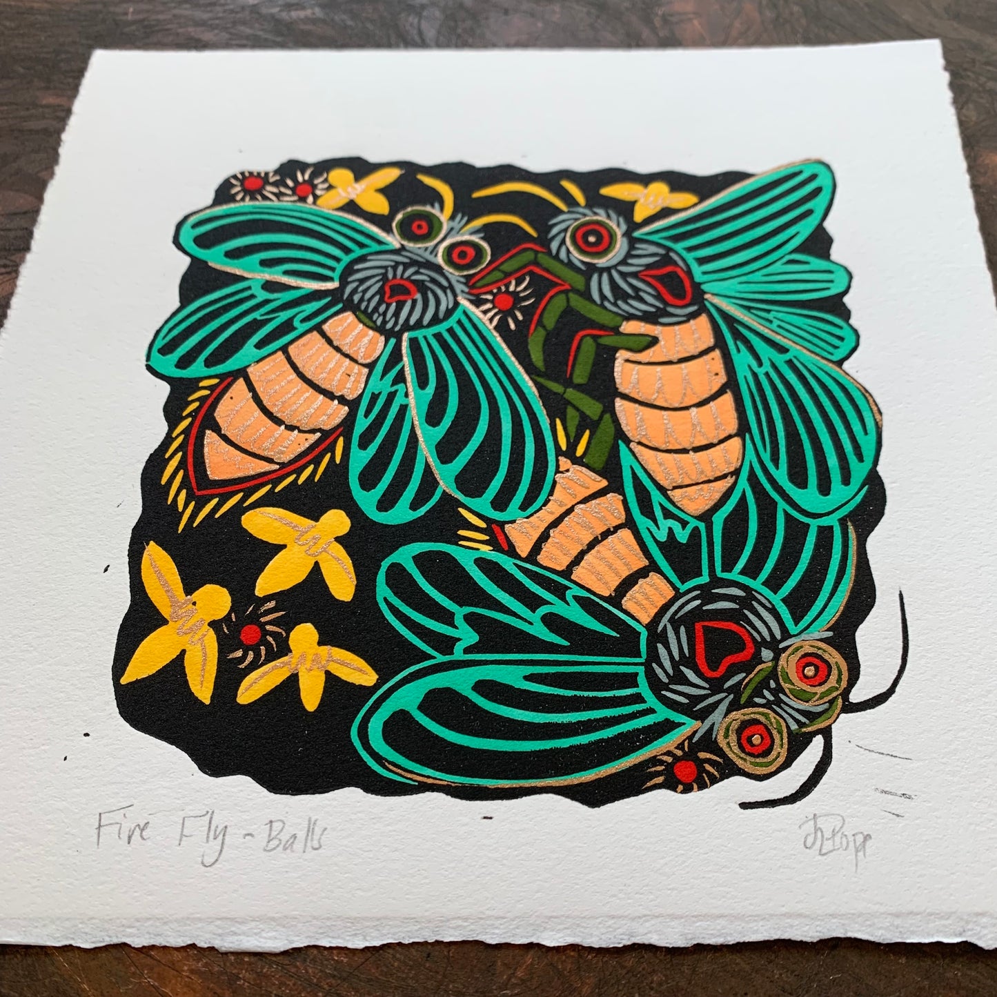 Glowing Lightning bug linocut