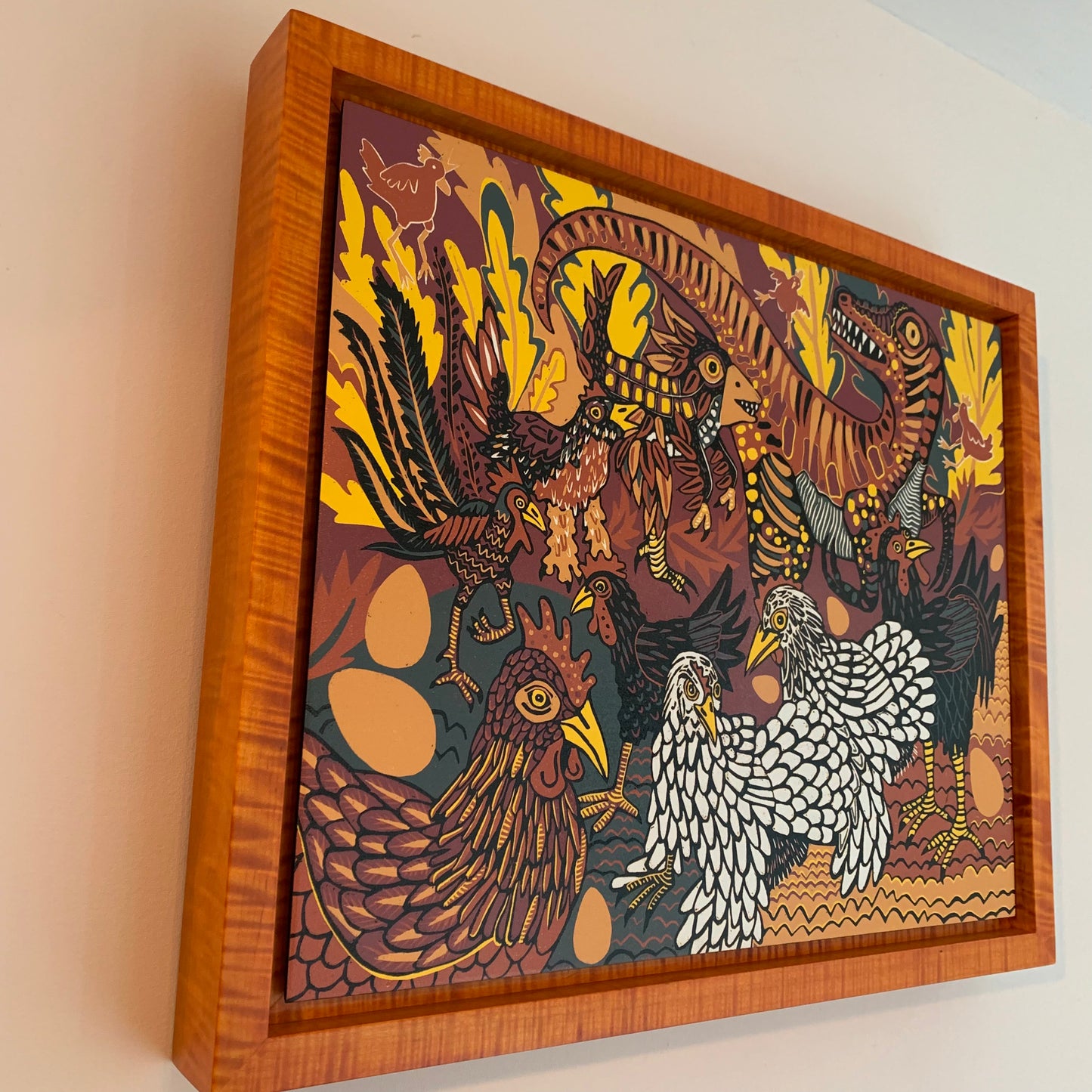 Pre-order Evolution of chickens woodcut framed in orange curly maple