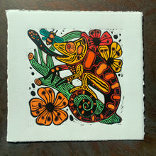 Load image into Gallery viewer, Multicolor Handpainted chameleon linocut
