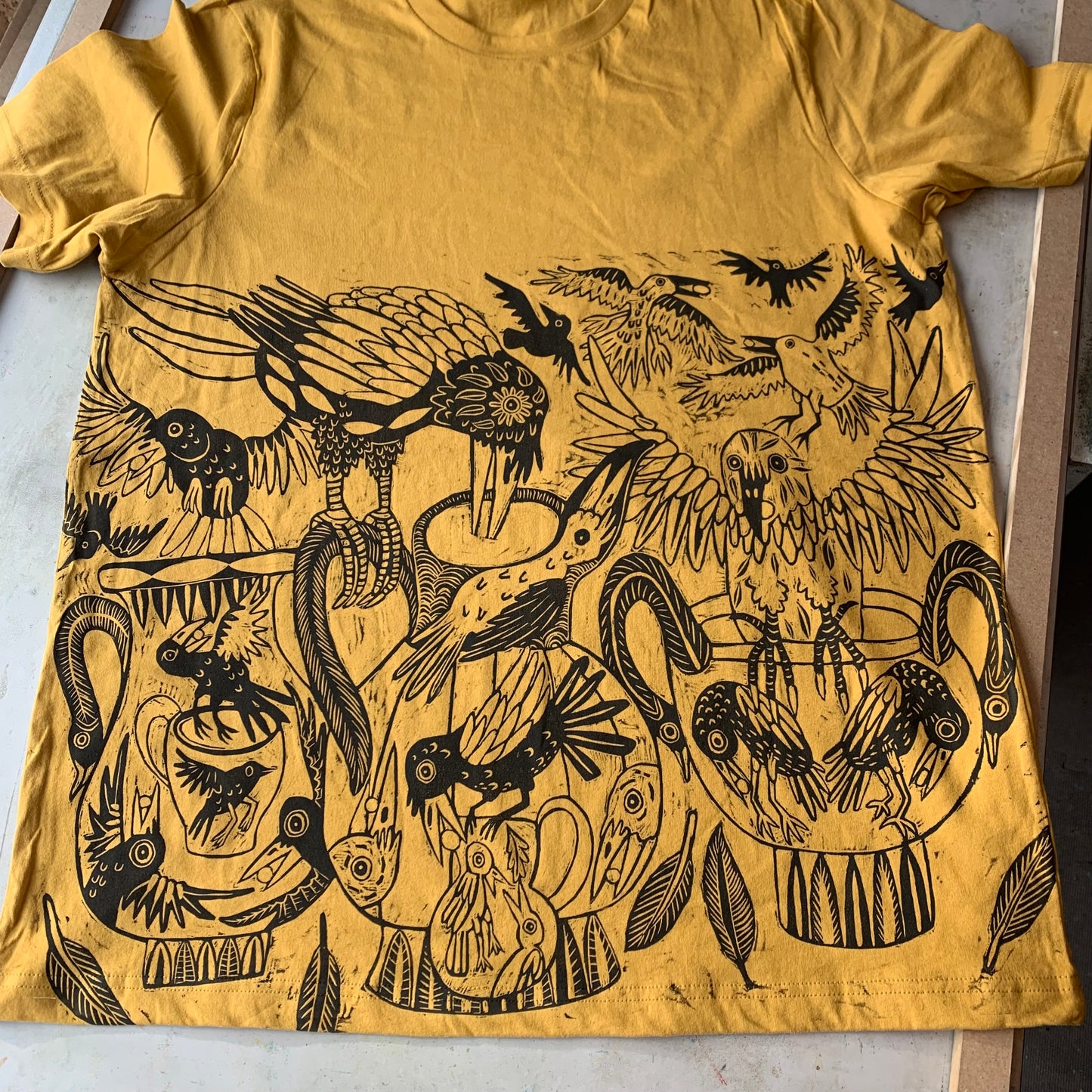 Handprinted crow and pitcher shirt, Pre-order October