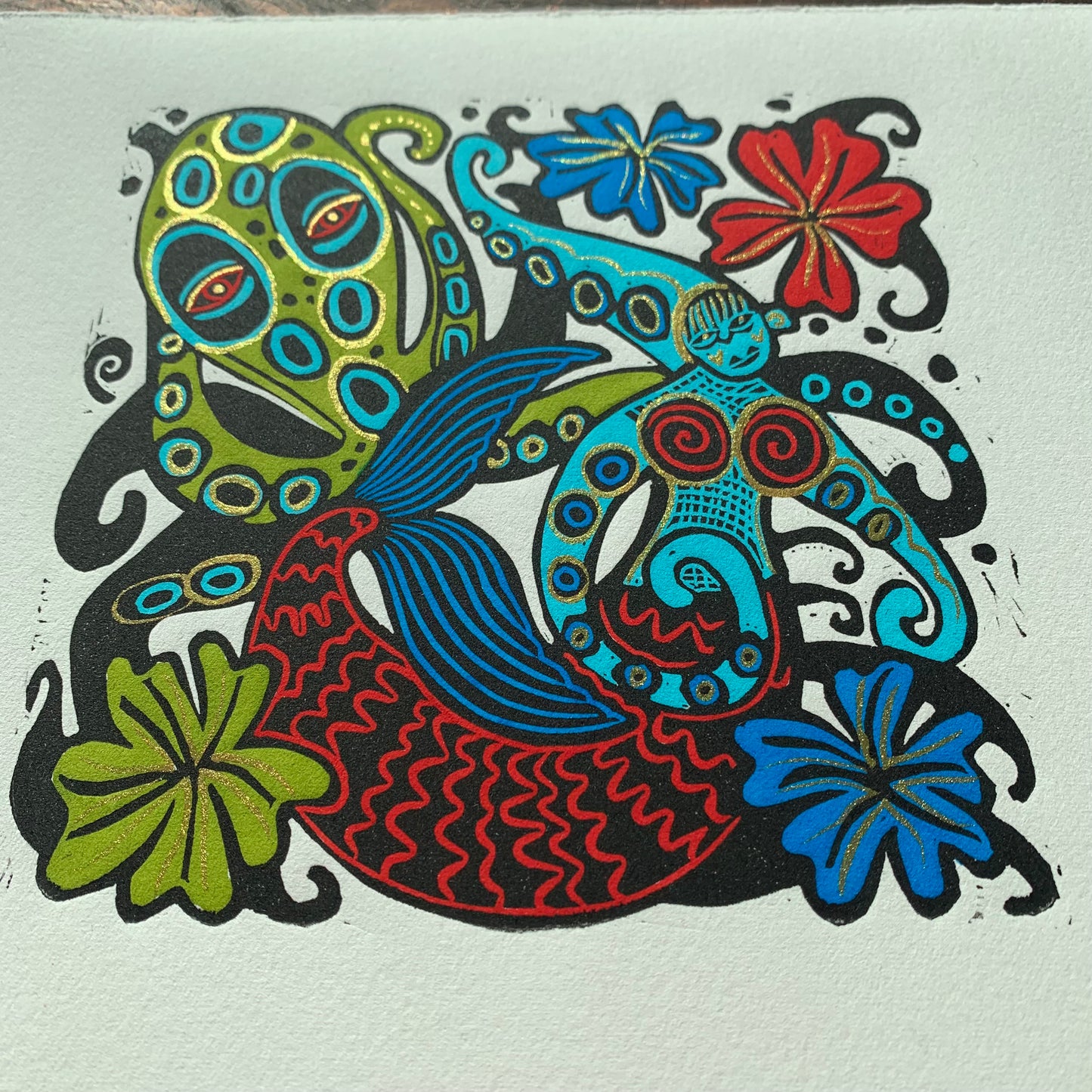 Colorful Octopus and octoperson Linocut