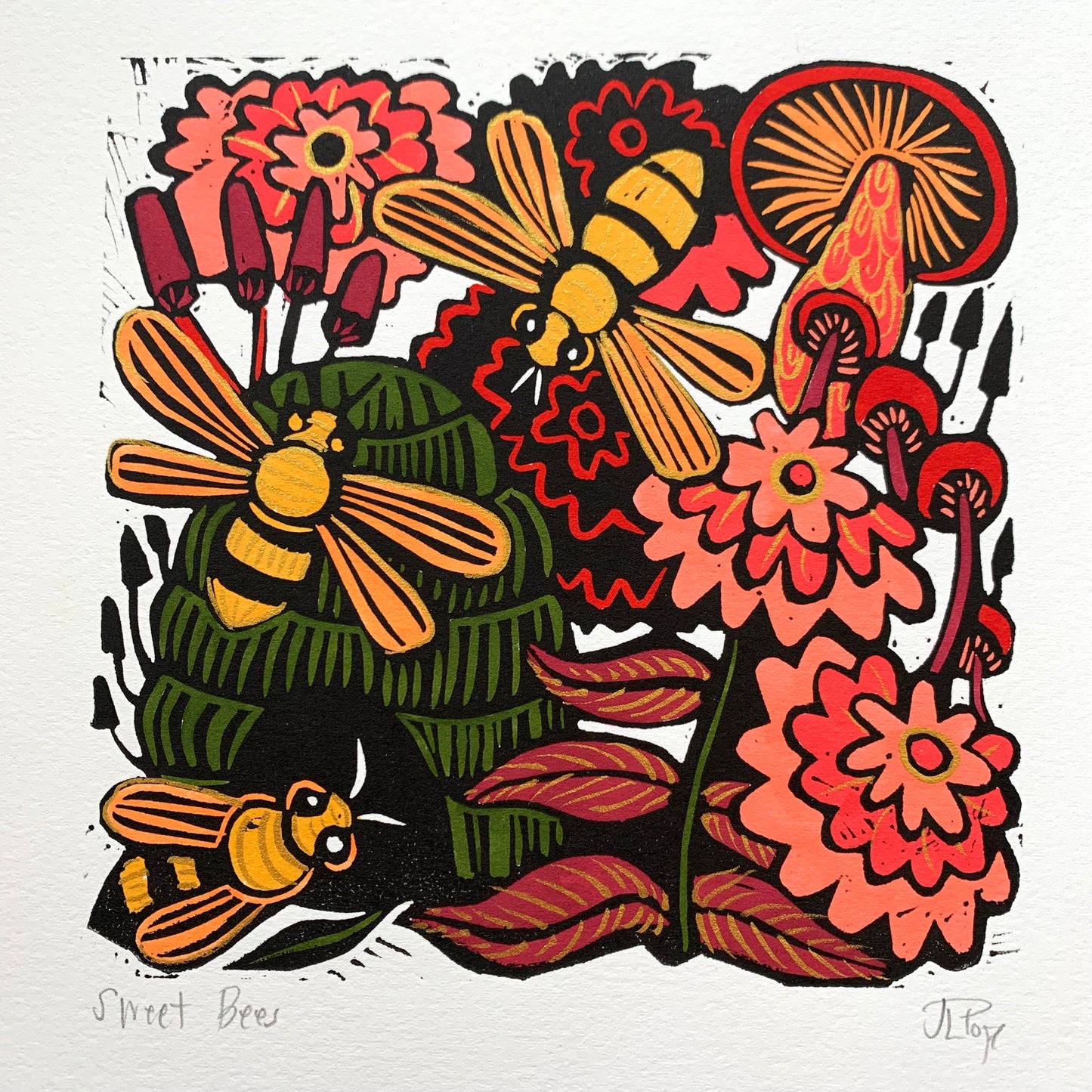 Bee and floral Linocut pink flowers