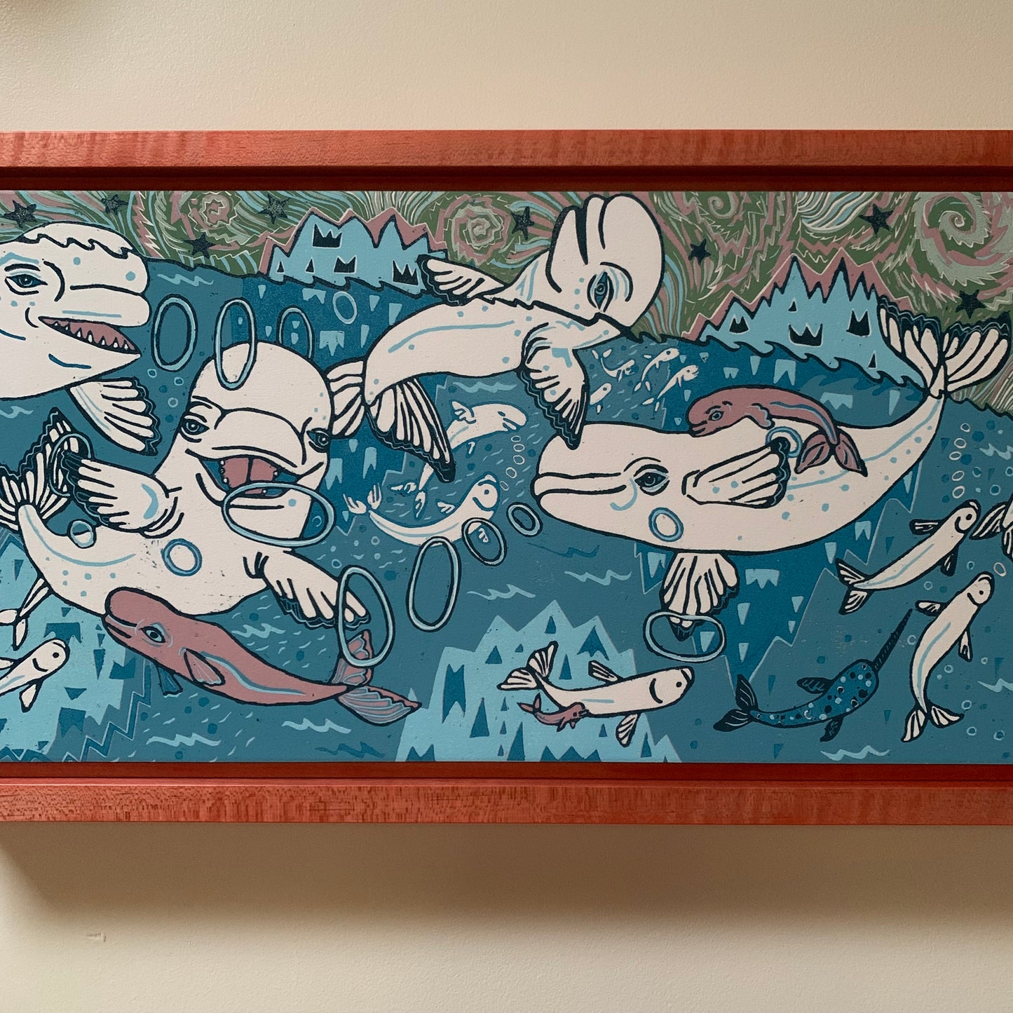 Pre-order Beluga Woodcut Framed in pink curly maple