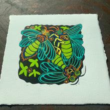 Load image into Gallery viewer, Colorful Lightning bug linocut

