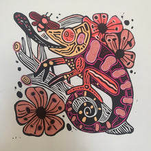 Load image into Gallery viewer, Pink tones Handpainted chameleon linocut
