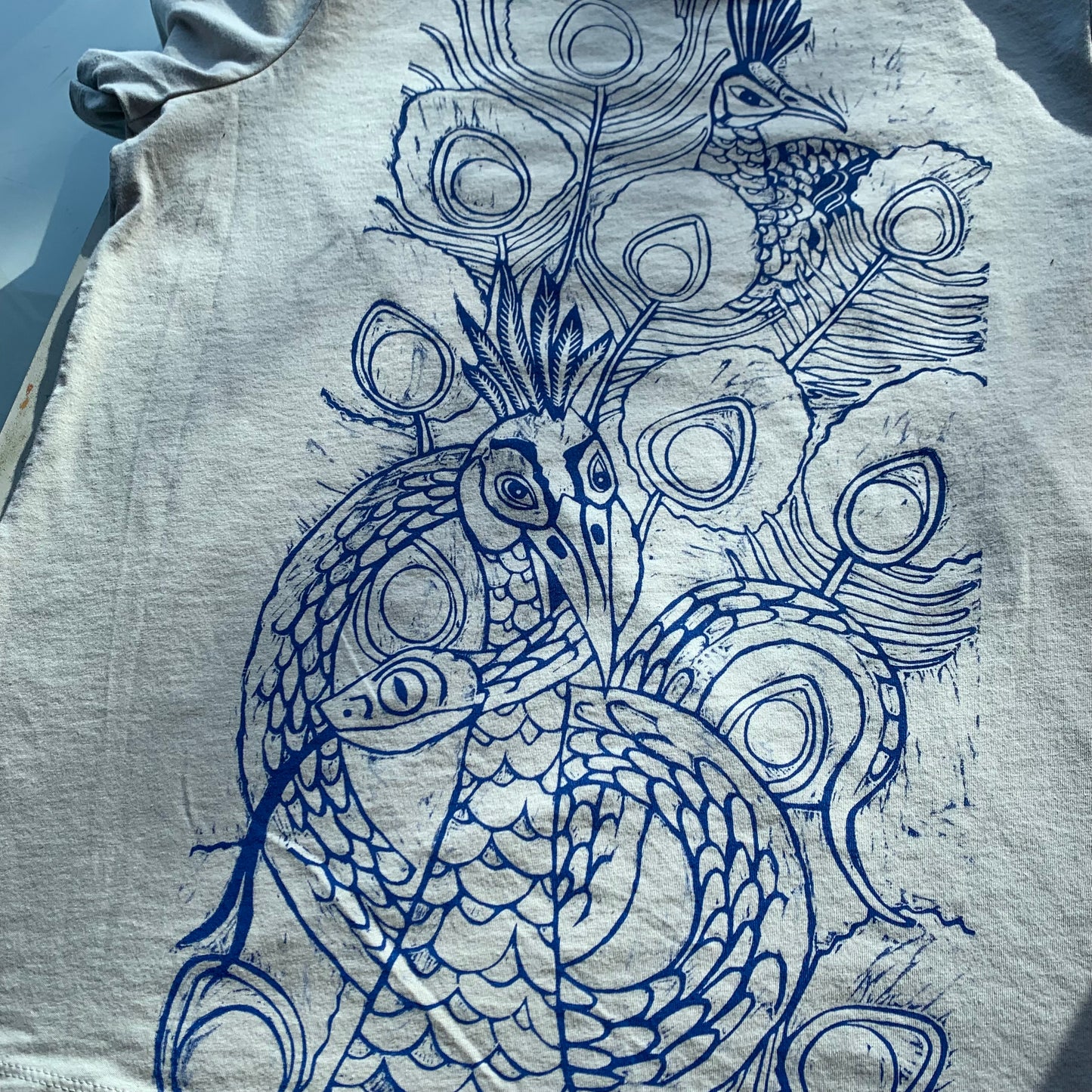Slate color handprinted peacock shirt, October Pre-order