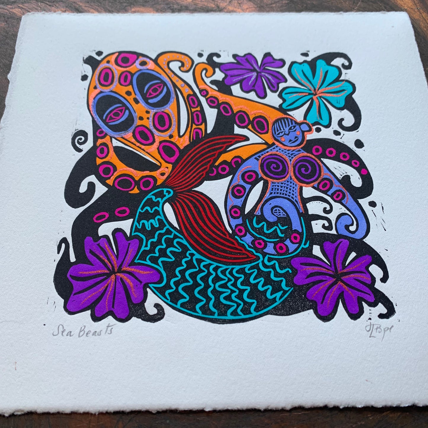Fun Octopus and octoperson Linocut