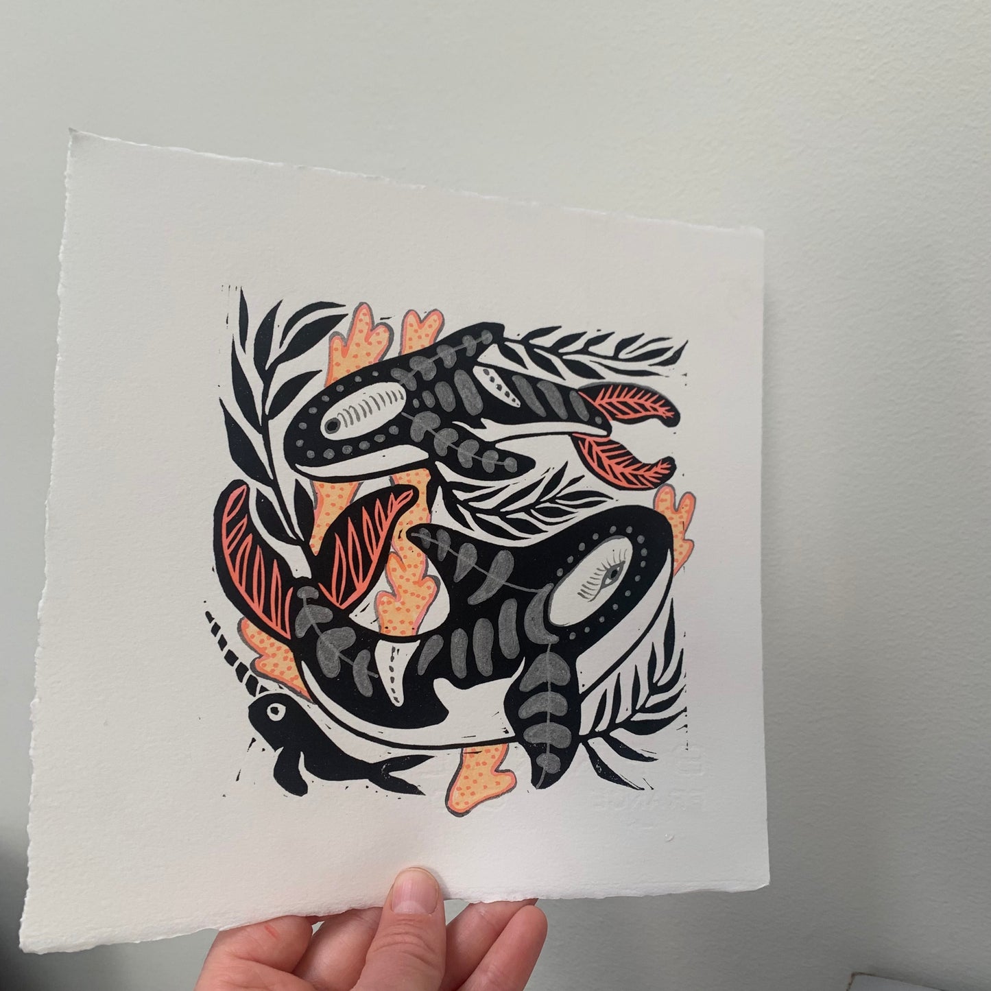 Silvery Kelp and orca linocut