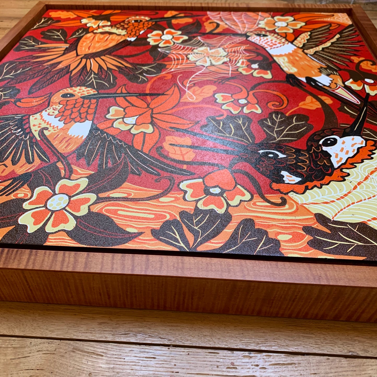 Pre-order Hummingbird and spiderweb woodcut framed in nutmeg or red