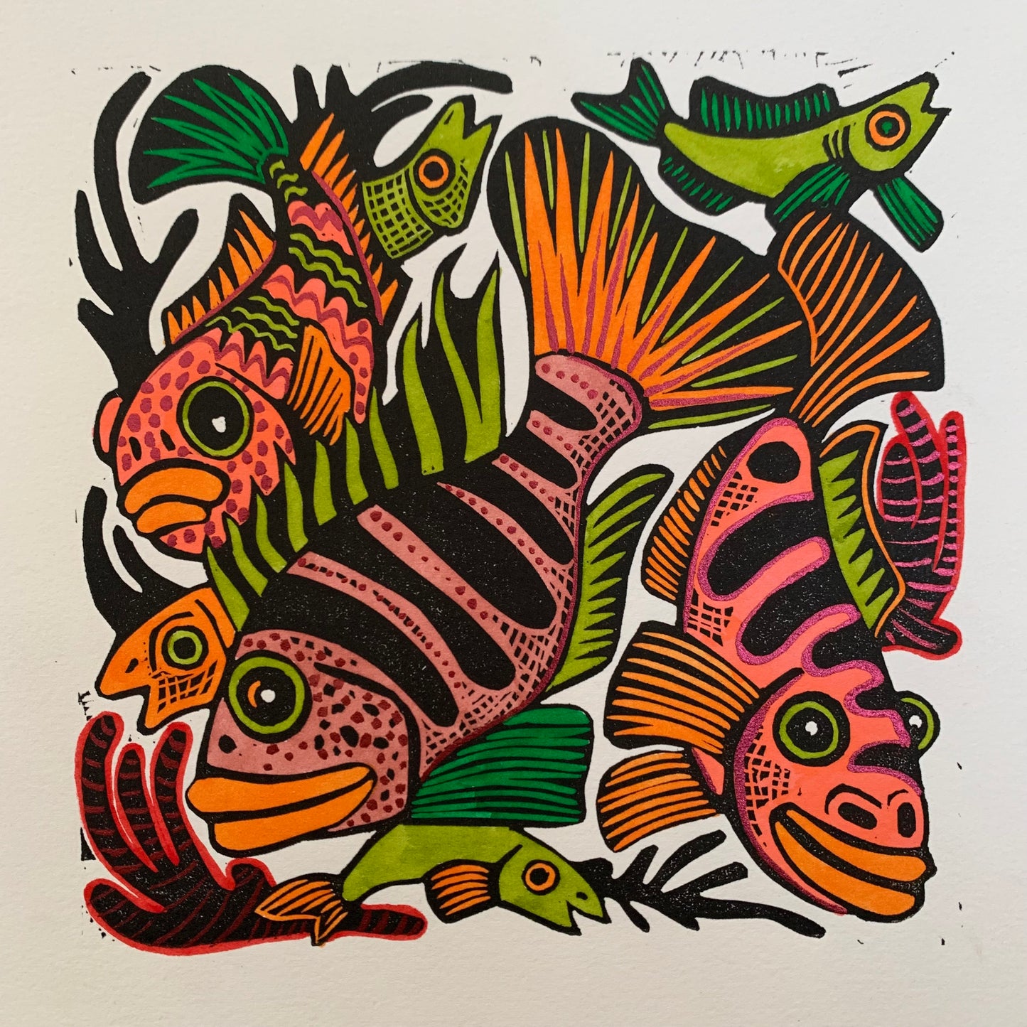 Pink tones Cichlid inspired Linocut