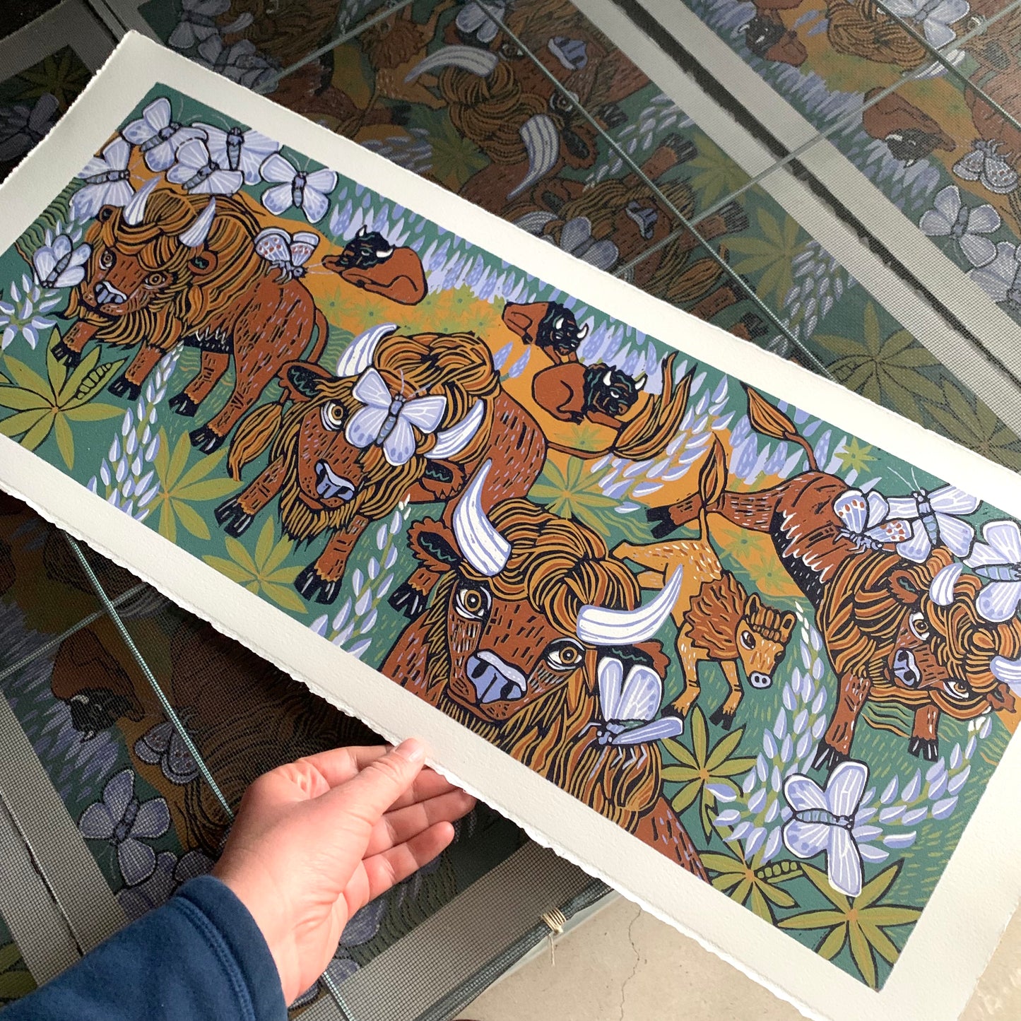 American Bison and Karner Blue Butterfly and Lupine orignal woodcut
