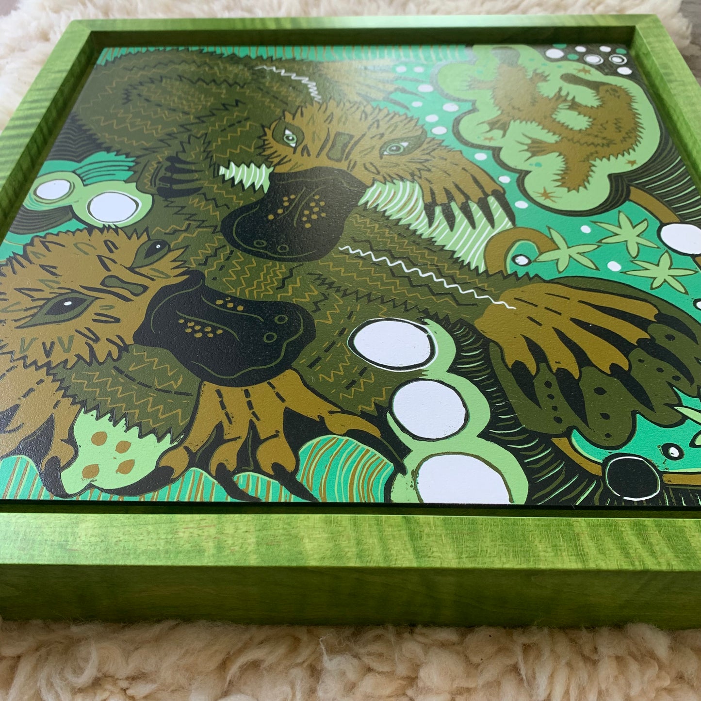 IN STOCK Platypus woodcut framed in green