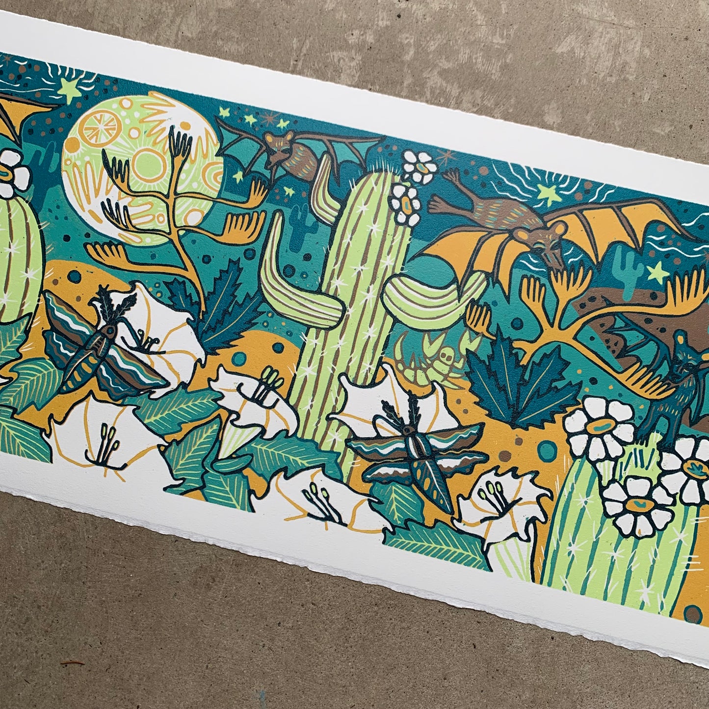 LAST ONE UNFRAMED Cactus, bats and sphinx moth pollinator original woodcut