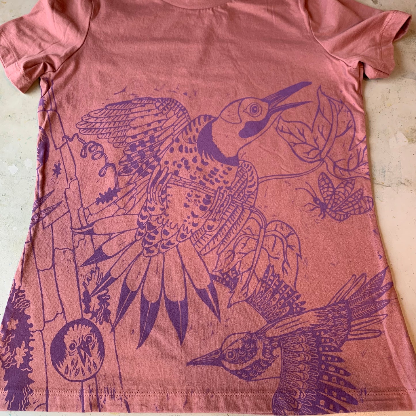 Handprinted northern flicker shirt, October Pre-Order
