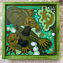 Load image into Gallery viewer, Platypus woodcut framed in green

