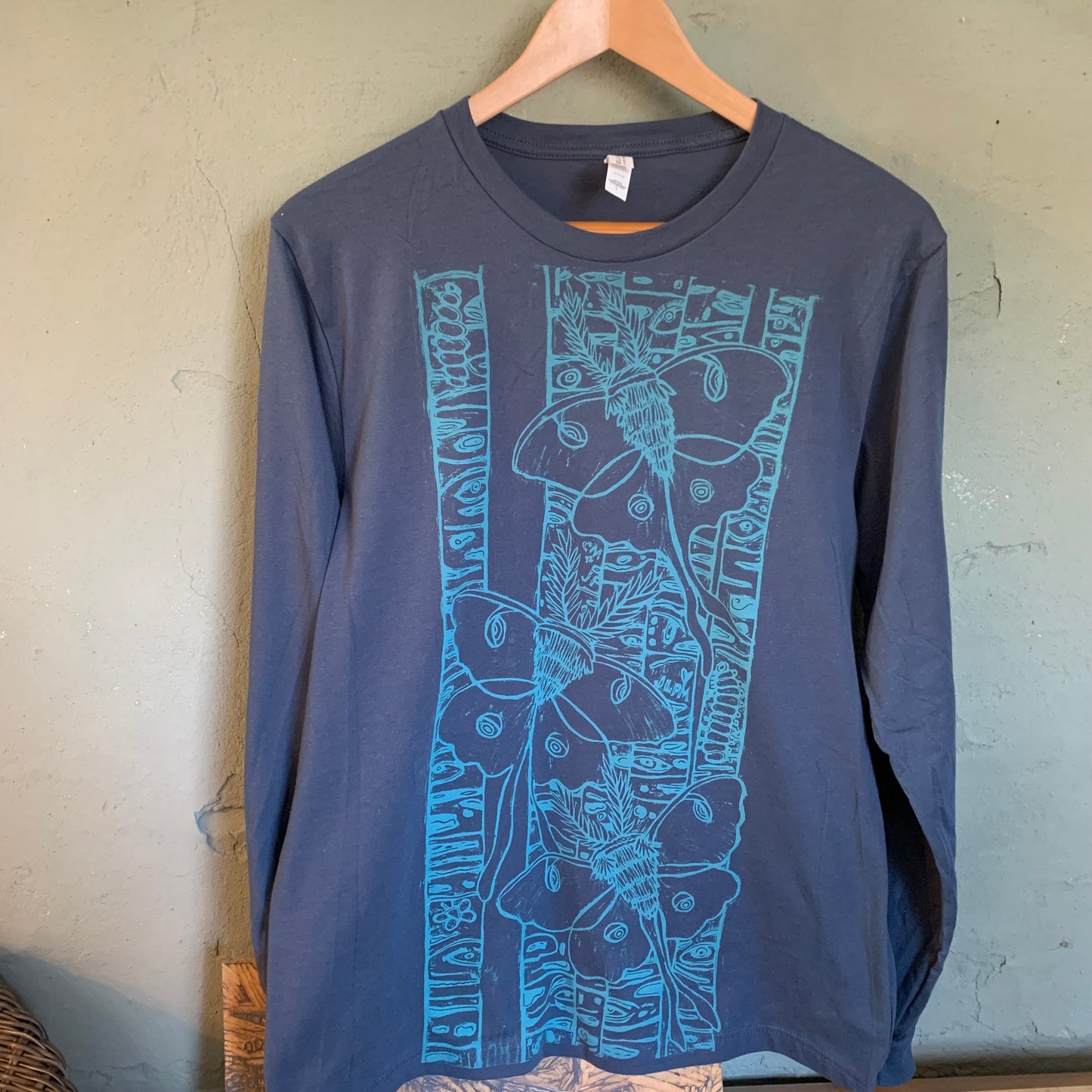 Denim color handprinted long sleeve luna moth shirt pre-order will ship mid-June