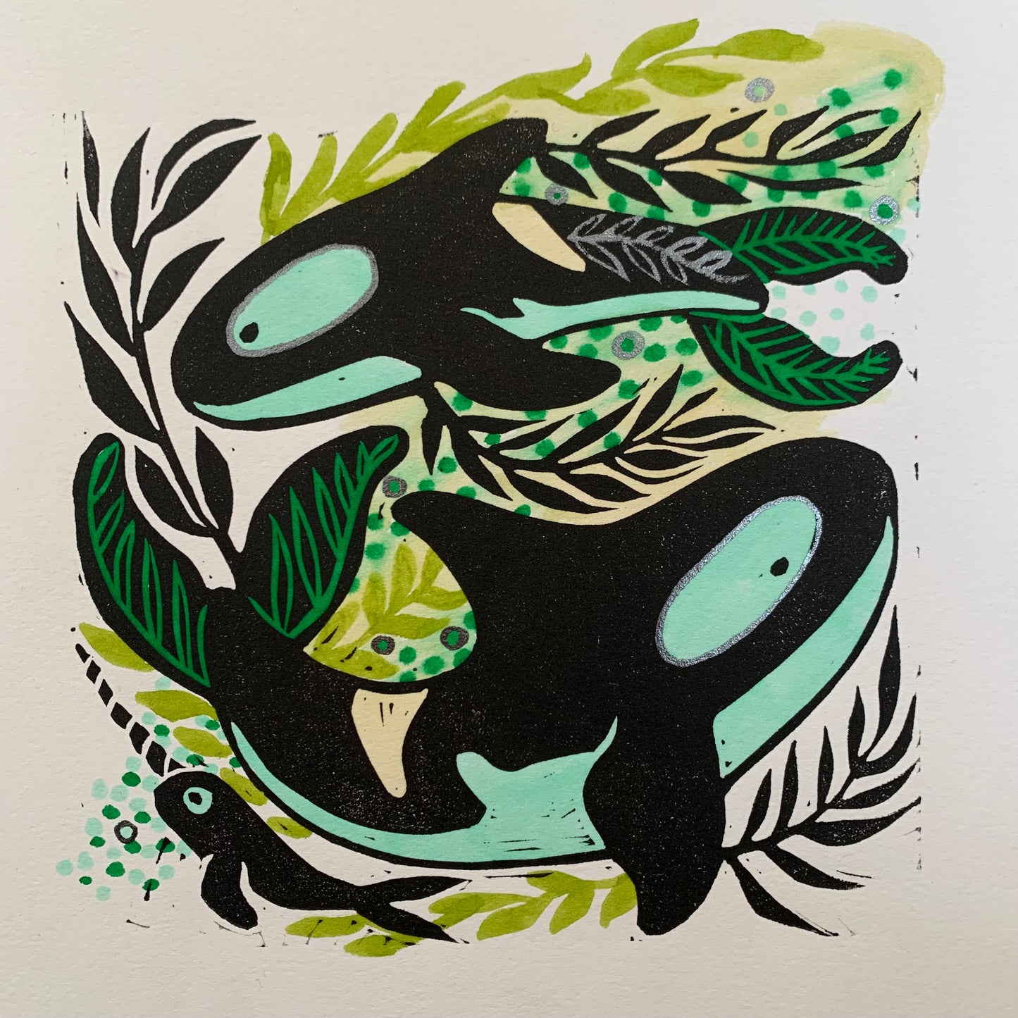 Kelp and orca linocut