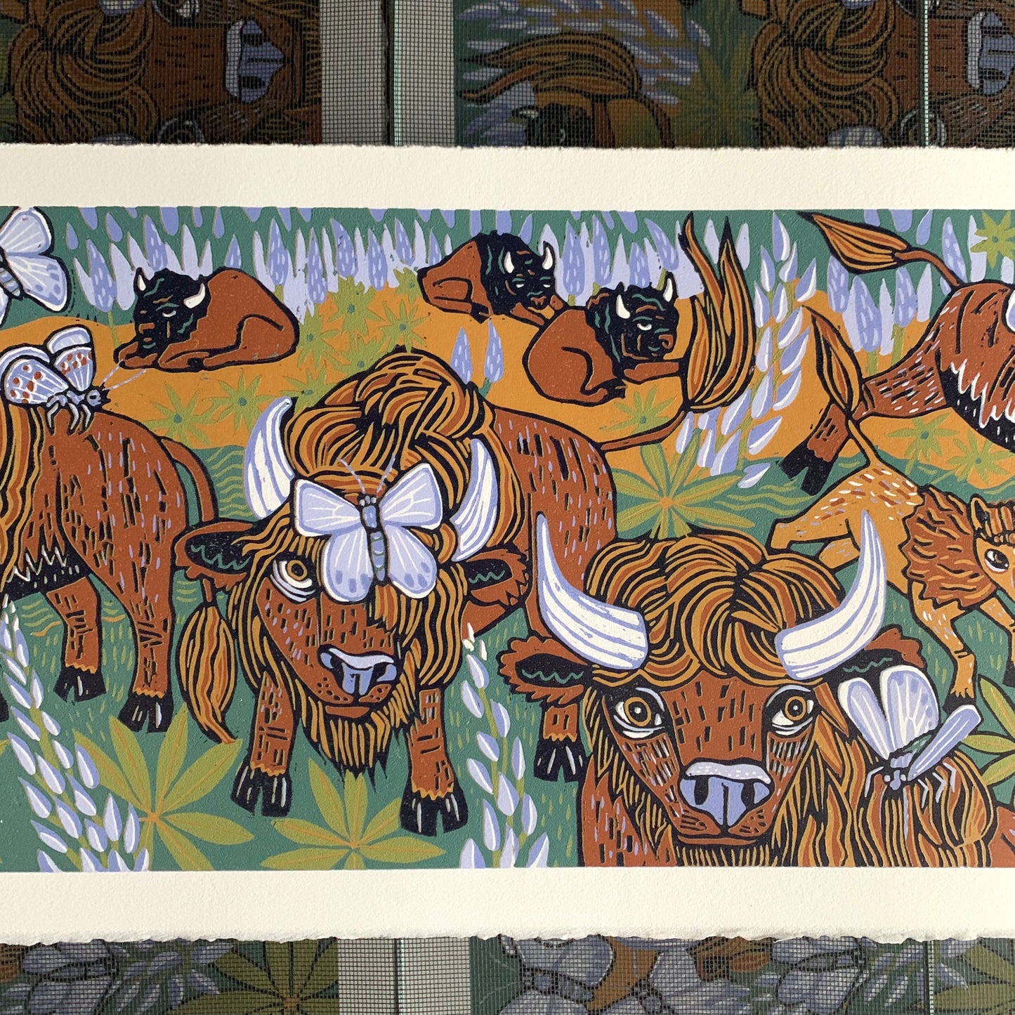 American Bison and Karner Blue Butterfly and Lupine orignal woodcut