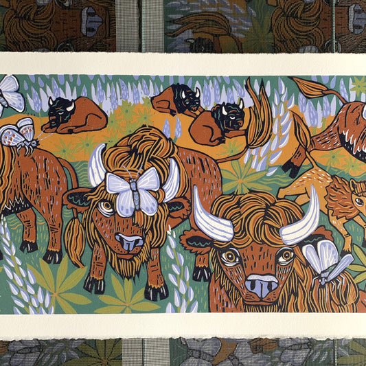 American Bison and Karner Blue Butterfly and Lupine orignal woodcut