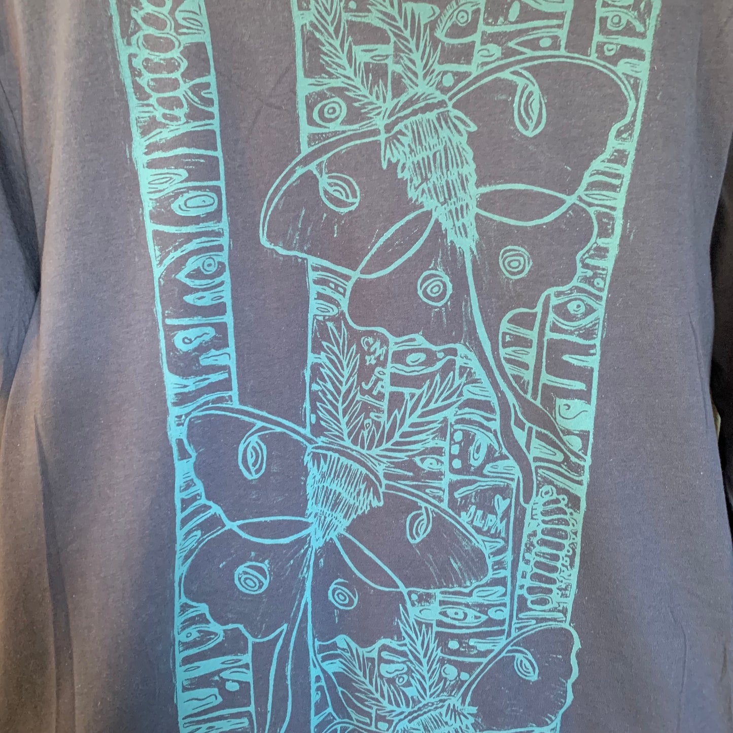 Denim color handprinted long sleeve luna moth shirt pre-order will ship mid-June