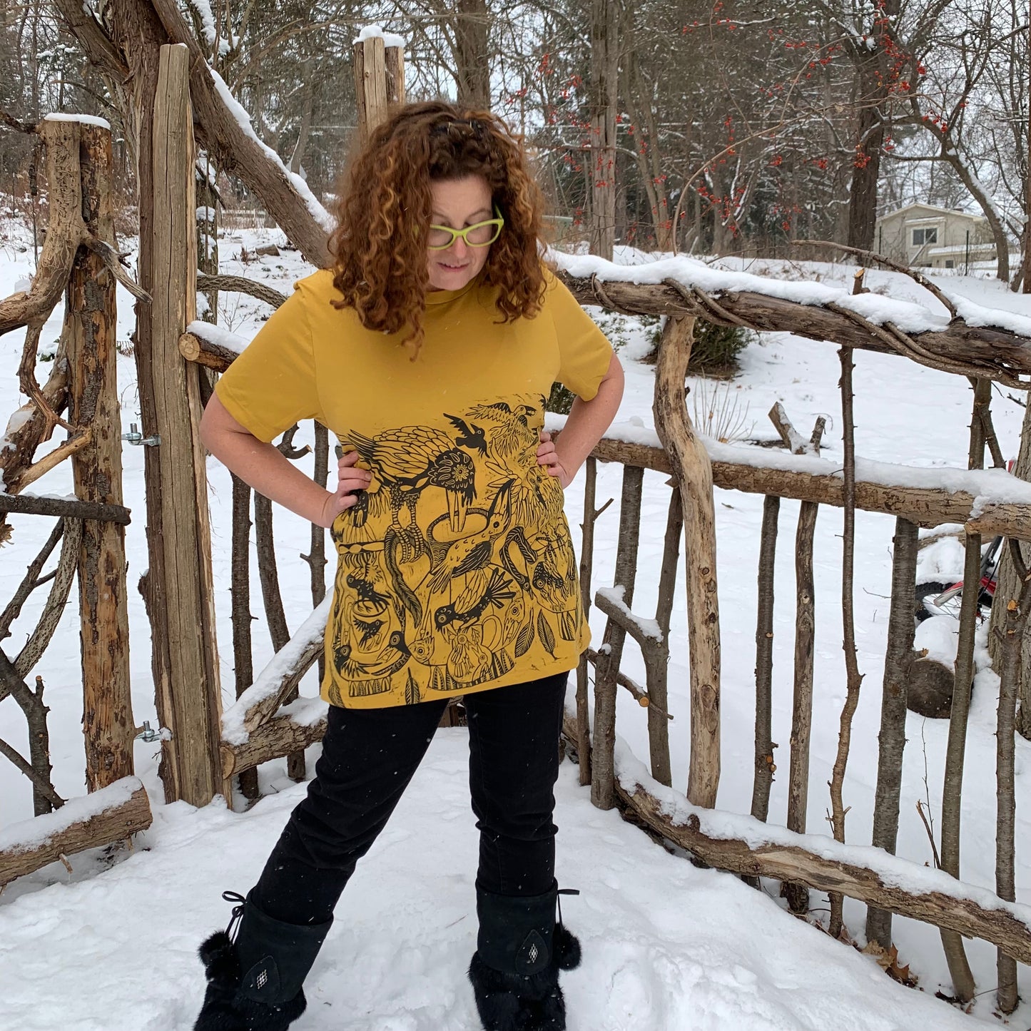 Handprinted crow and pitcher shirt, Pre-order October