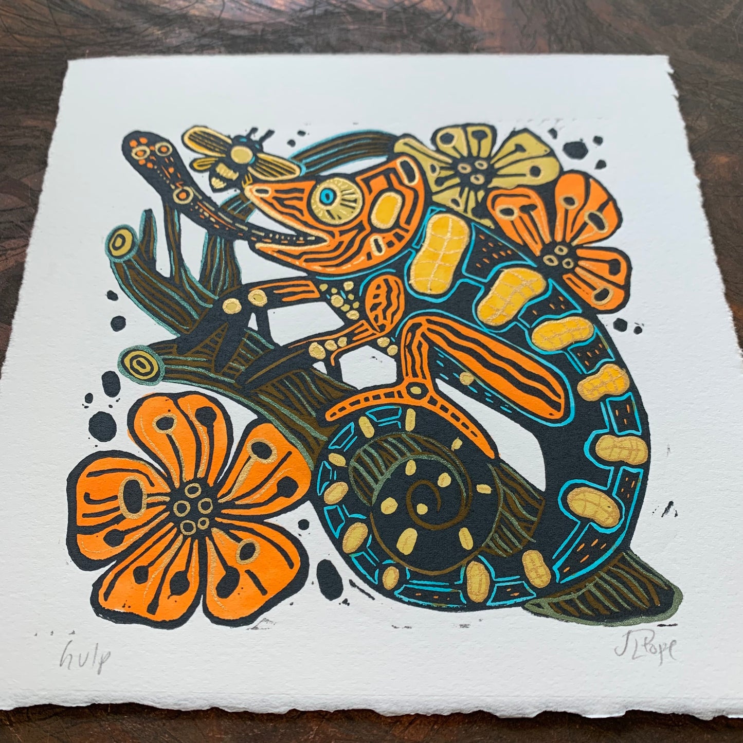Blue and orange Handpainted chameleon linocut