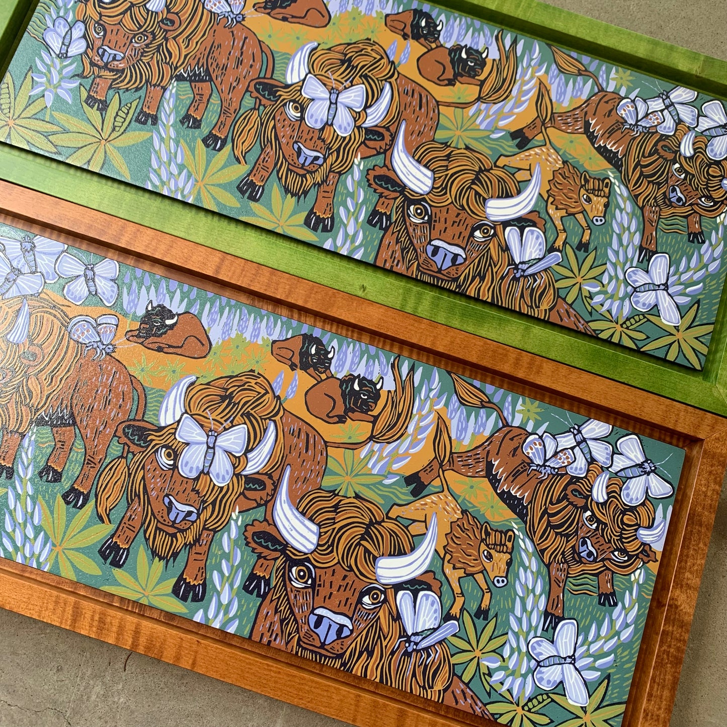 Pre order Bison and butterflies woodcut framed in natural curly maple