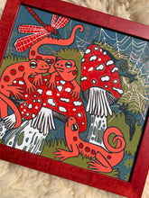 Load image into Gallery viewer, Pre-order Red eft and mushroom framed in red