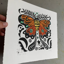 Load image into Gallery viewer, Handpainted orange moth linocut
