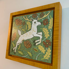 Load image into Gallery viewer, Seneca white deer framed in yellow solid tiger maple wood
