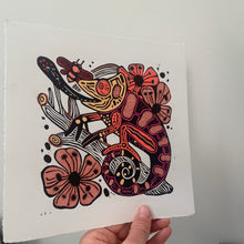 Load image into Gallery viewer, Pink tones Handpainted chameleon linocut
