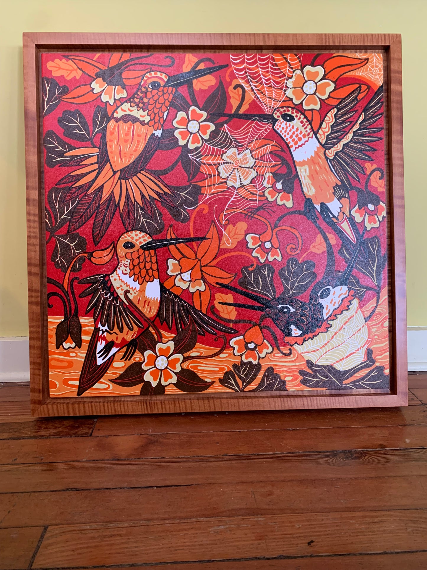 Pre-order Hummingbird and spiderweb woodcut framed in nutmeg or red