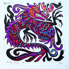 Load image into Gallery viewer, Jewel tones Dragon Linocut
