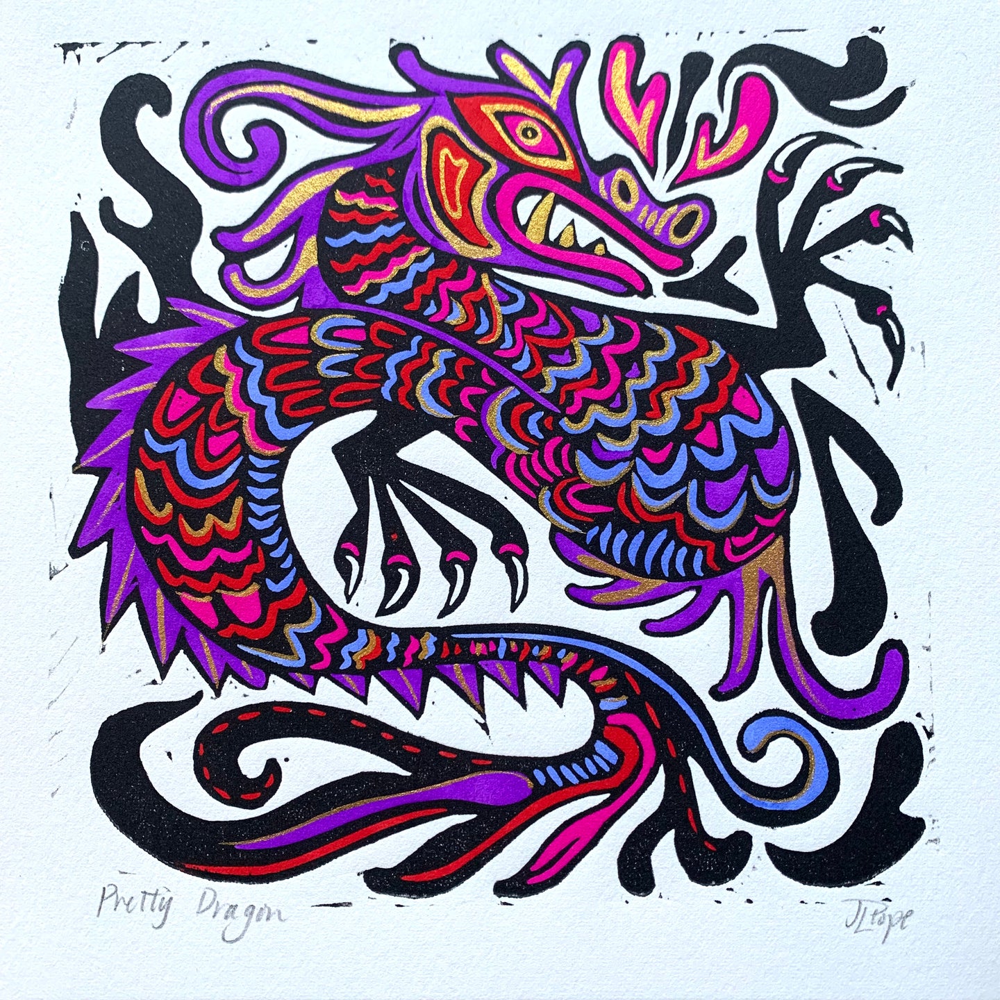 Jewel tones Dragon Linocut