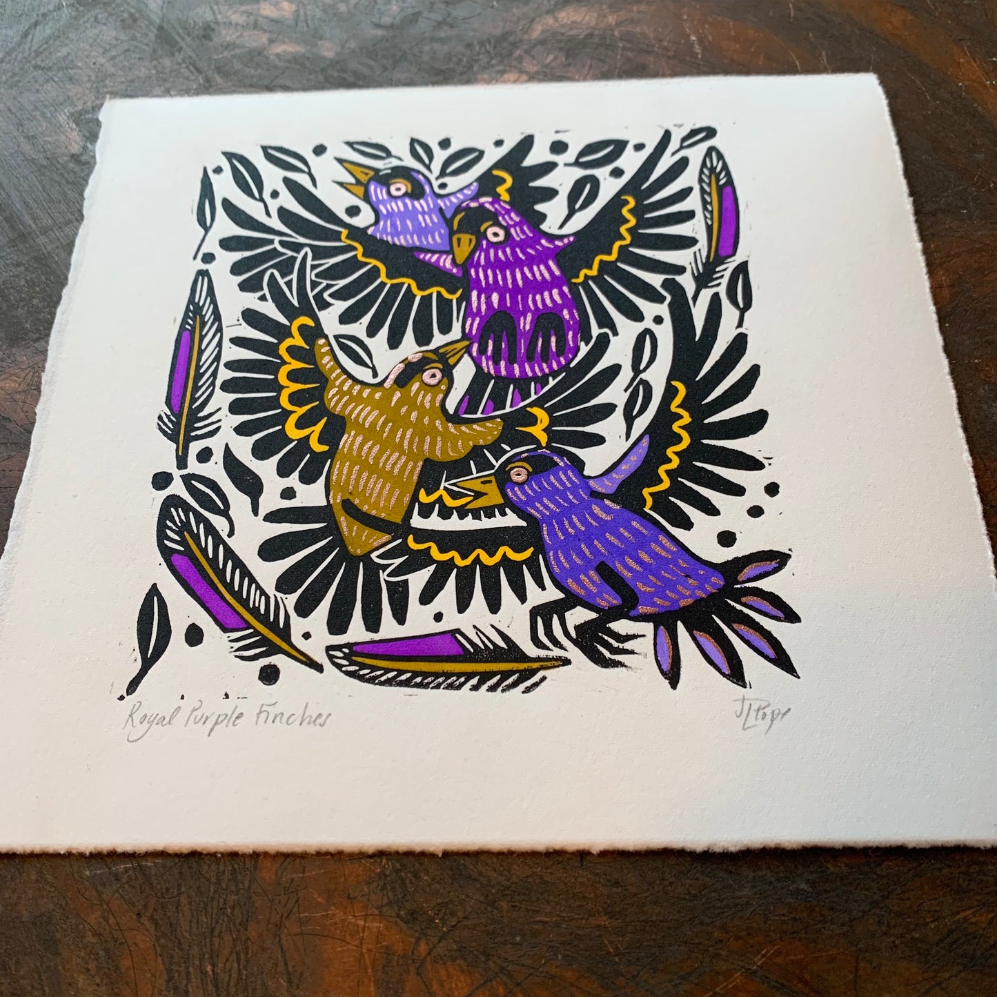 Purple finch linocut