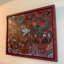 Load image into Gallery viewer, Thirsty crow woodcut framed in red