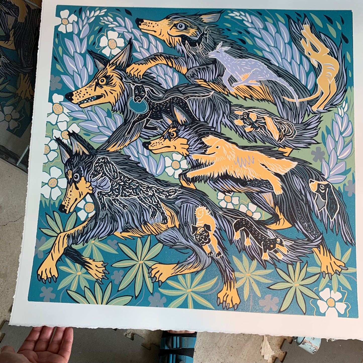 Wolf and Dog original Woodcut