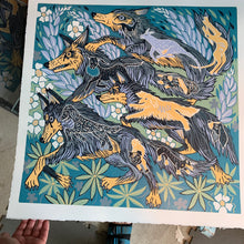 Load image into Gallery viewer, Wolf and Dog original Woodcut