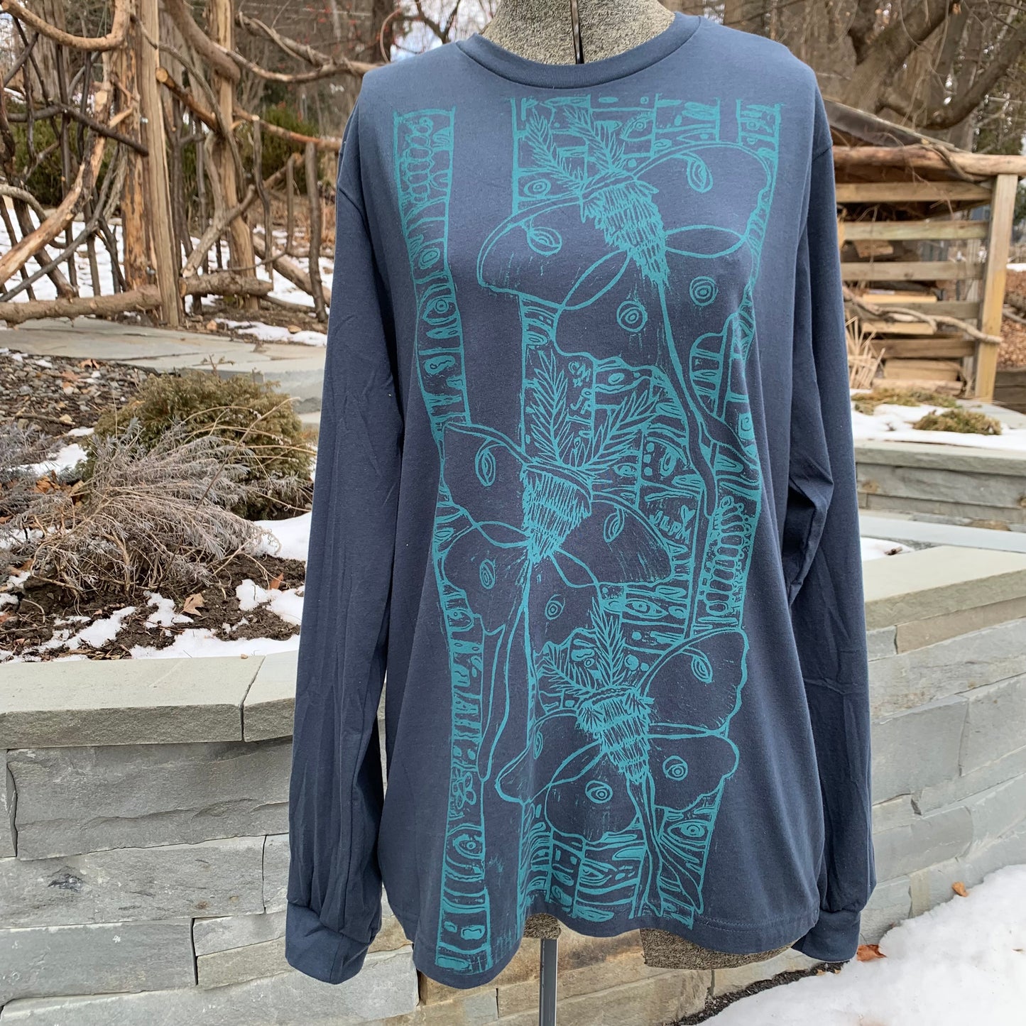 Denim color handprinted long sleeve luna moth shirt pre-order will ship mid-June