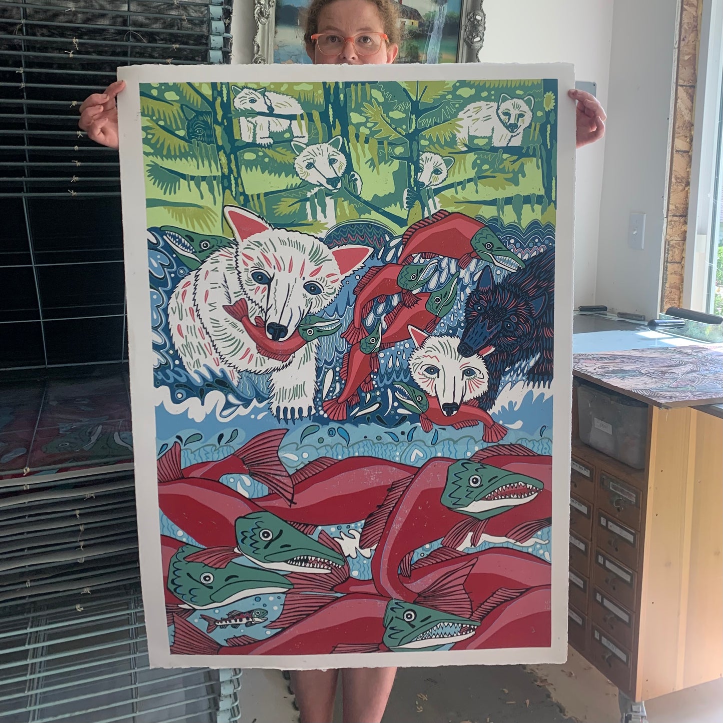 Large Spirit Bear and Sockeye Salmon Woodcut