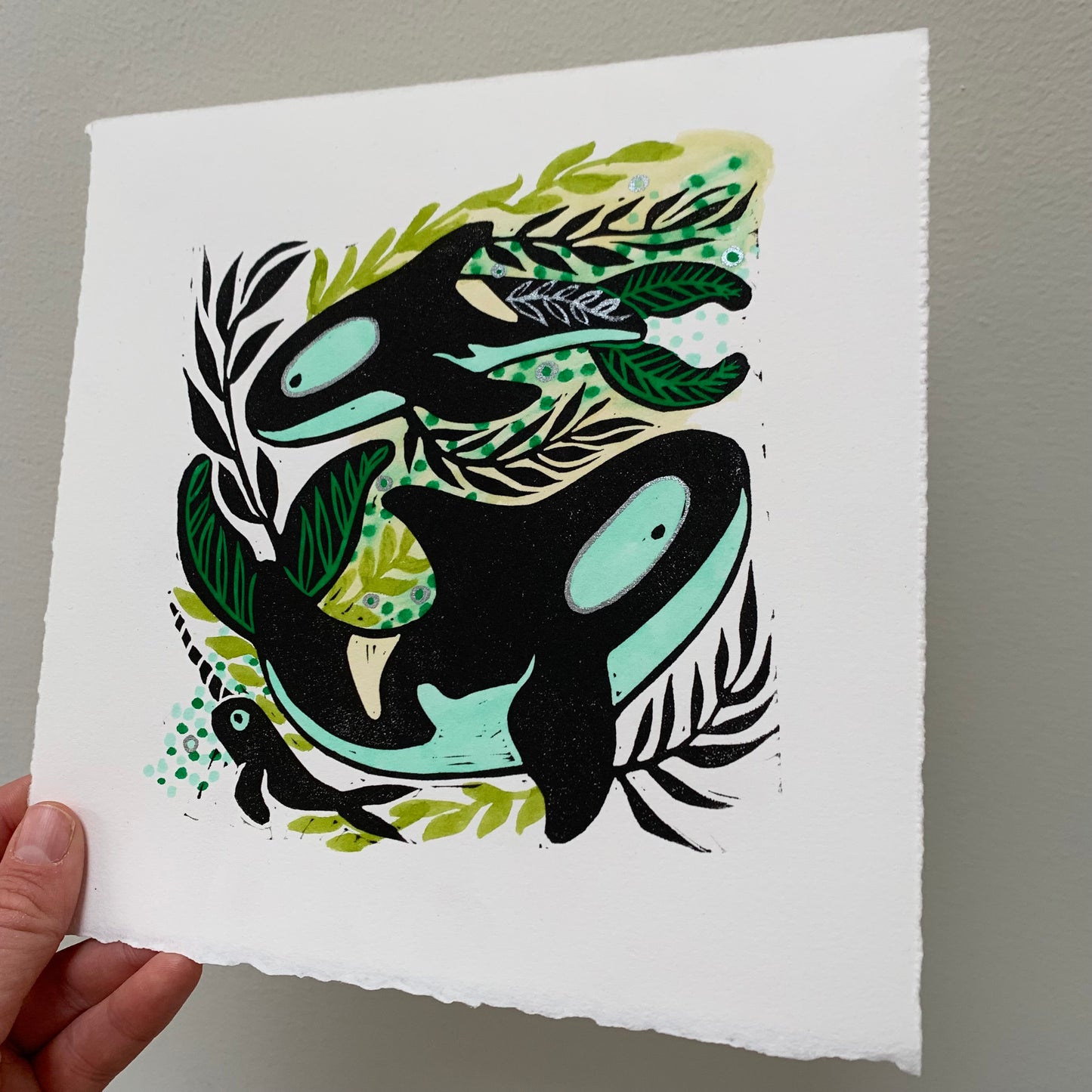 Kelp and orca linocut