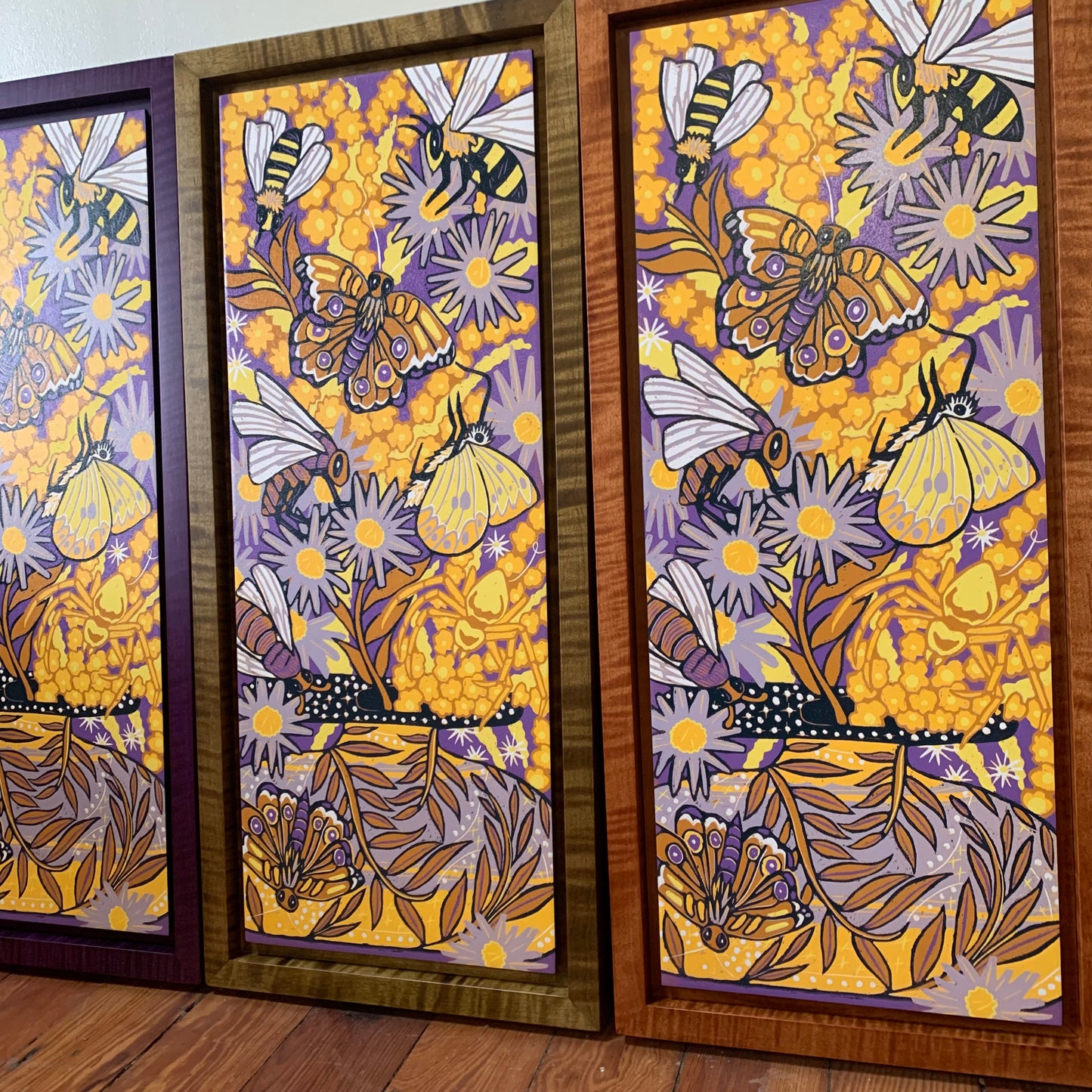 Purple IN STOCK Aster and goldenrod woodcut framed in curly maple