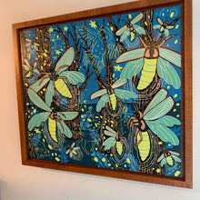 Load image into Gallery viewer, Please allow 3 weeks for delivery—lightning bug woodcut framed in nutmeg
