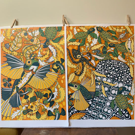 Flying fish and whale shark original Woodcut