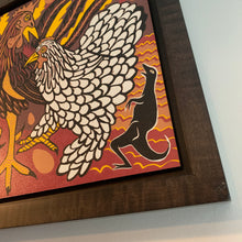 Load image into Gallery viewer, Chicken woodcut framed in black solid tiger maple wood
