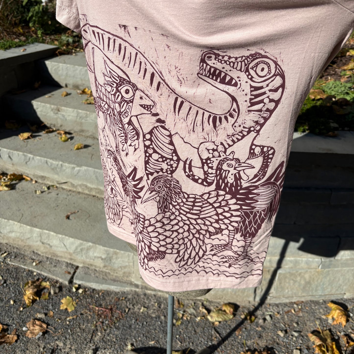 Pink-esque handprinted dino chicken shirt, December Pre-order